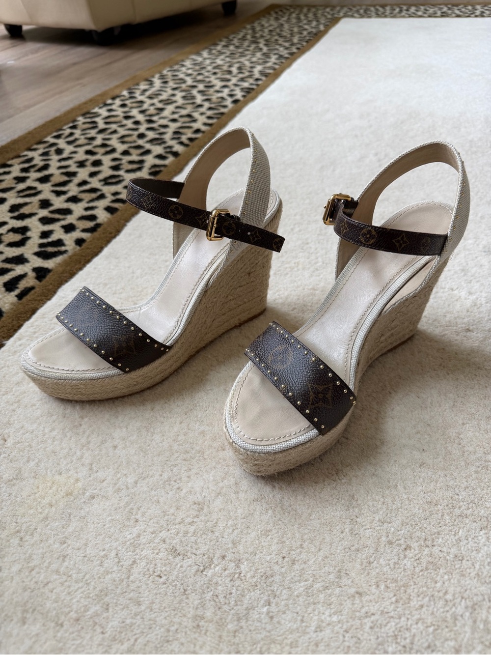 Louis Vuitton Brown Monogram and Cream Espadrille Wedge Sandals - Picture 5 of 5
